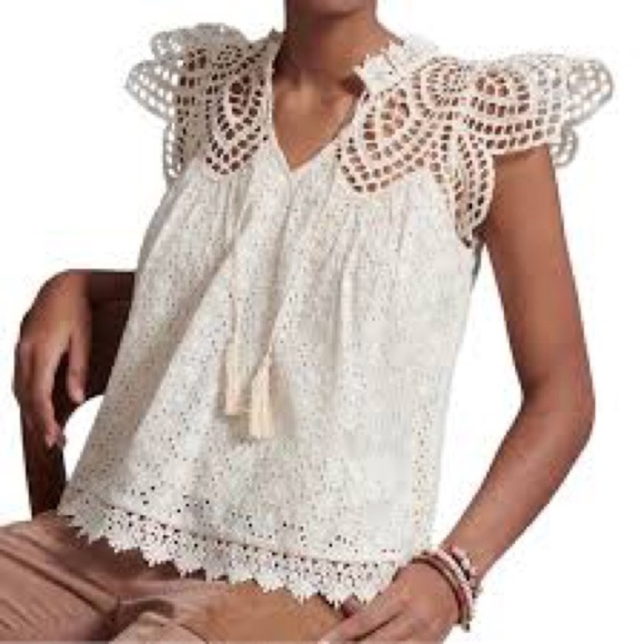 Jennifer & Grace Tops - Jennifer & Grace Eyelet Crochet Trim Ruffle Sleeve Blouse in Cream